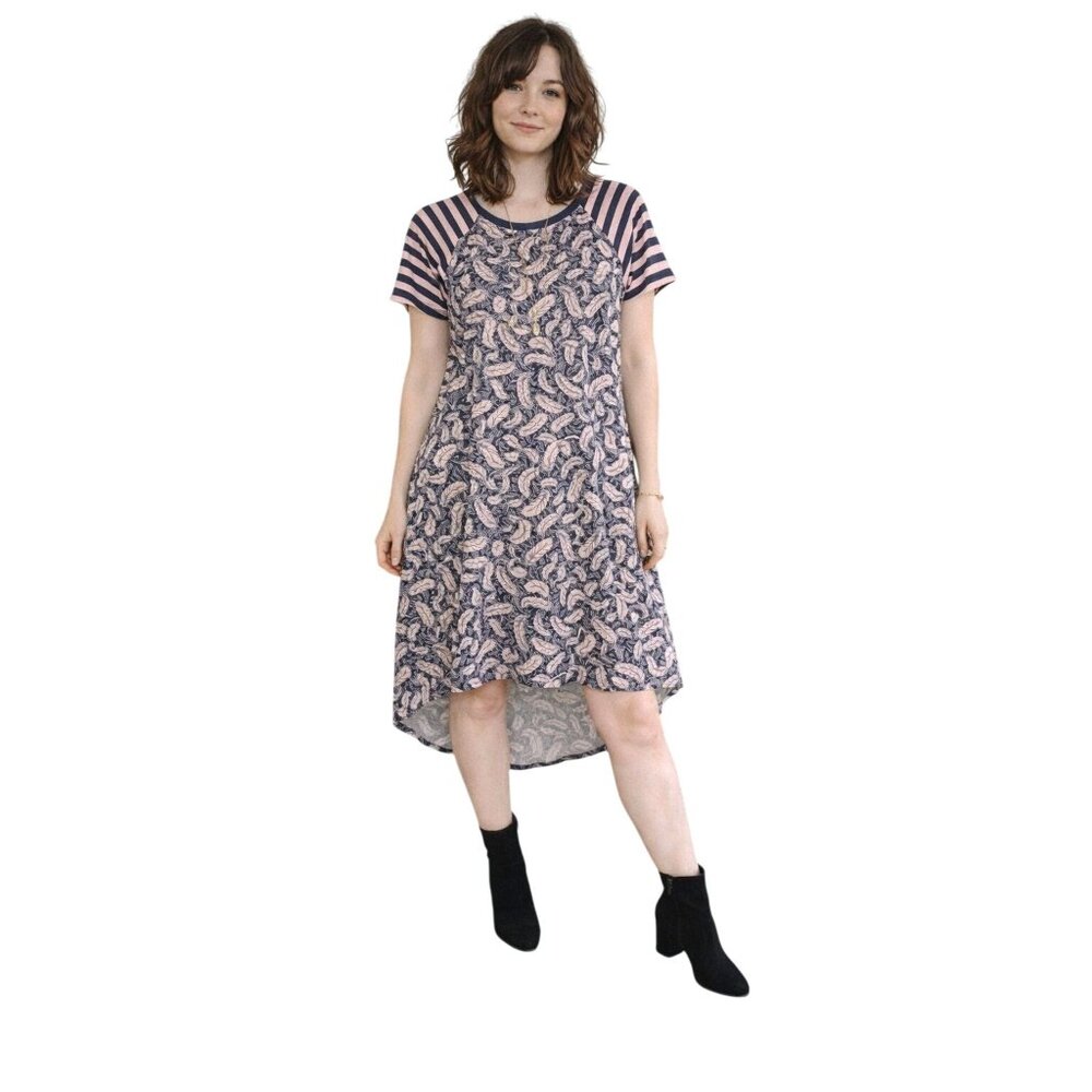 Lularoe Carly Striped Navy & Pink Feather Print High-Low Dress Small
